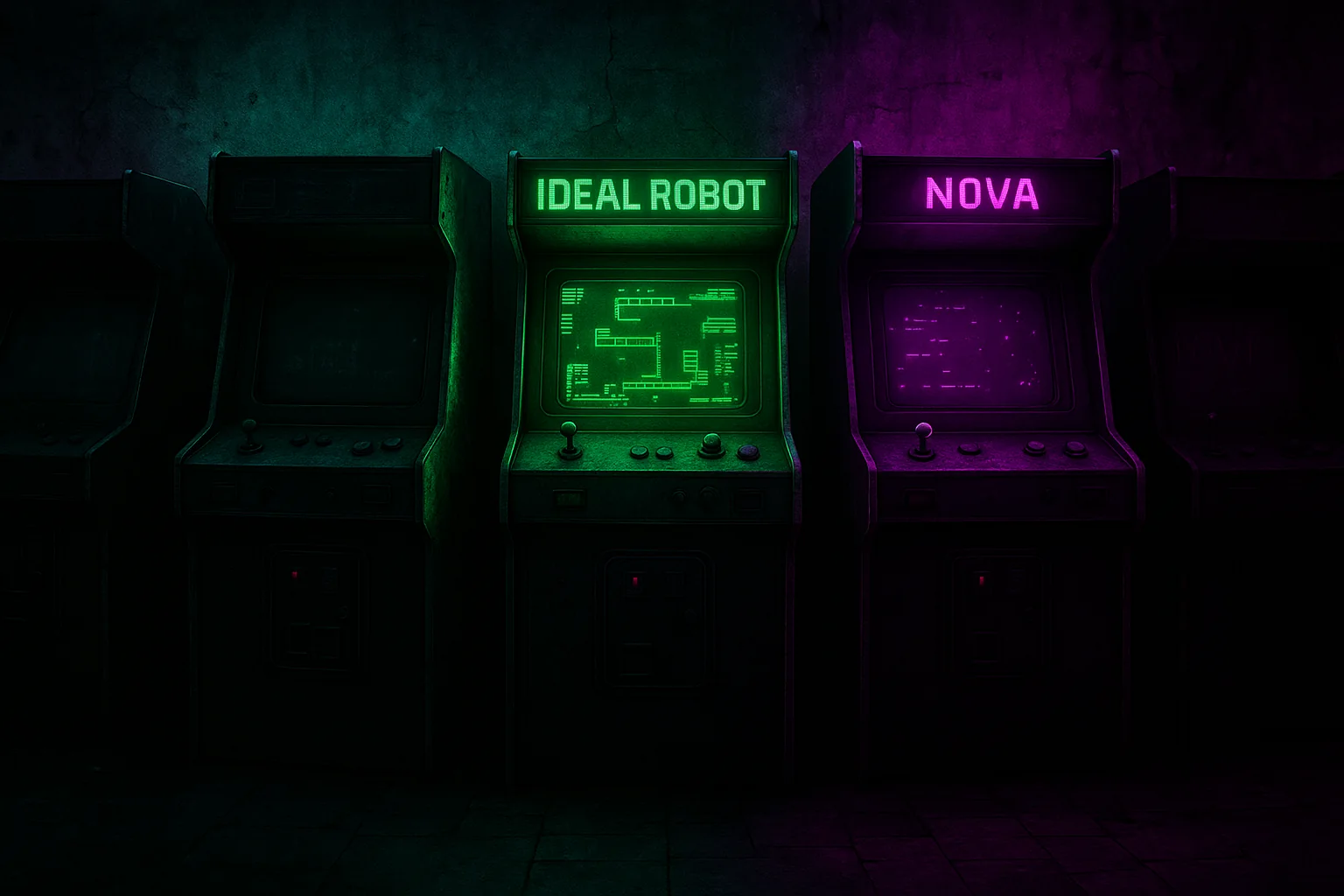 Moody retro arcade with green Ideal Robot and magenta Nova machines