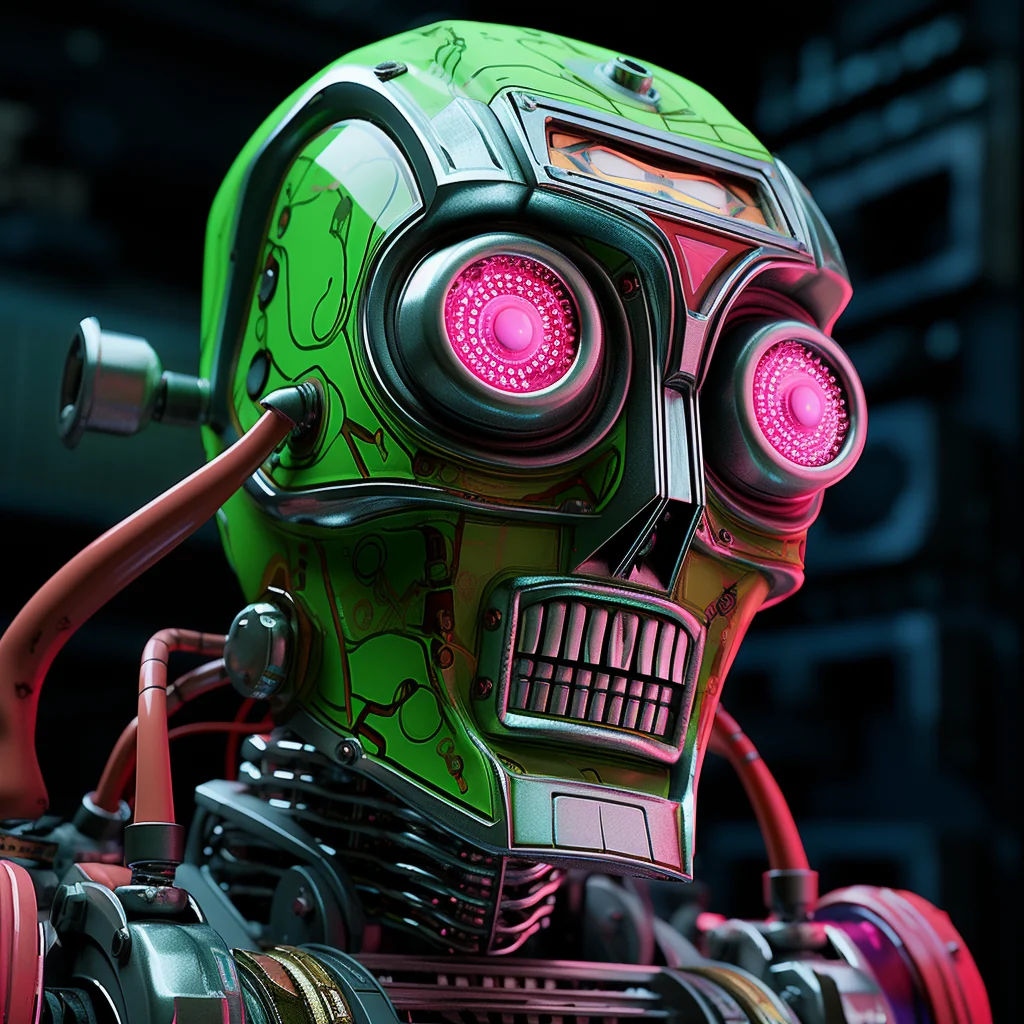 Bright green retro-futurist robot with glowing pink eyes